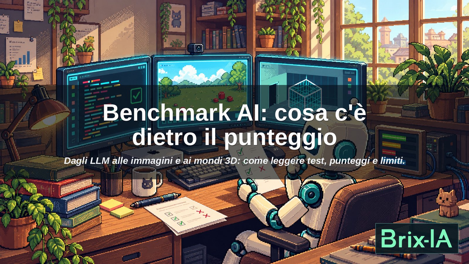 Copertina in pixel art della guida ai benchmark AI: robot, tabellone dei punteggi, titolo e logo BRIX-IA.